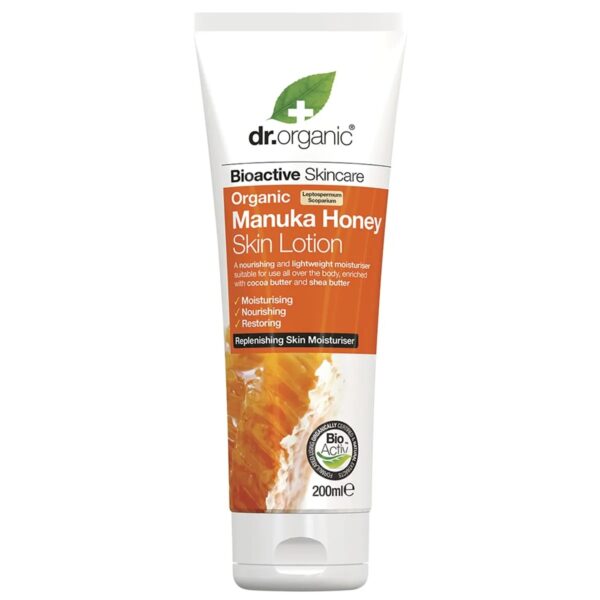 image showing 200ml bottle of organic skin lotion manuka honey front
