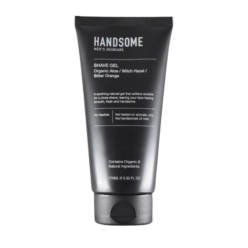 image showing a 200ml bottle of mens 2-in-1 organic shave gel in the handsome range