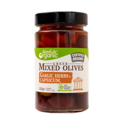 organic mixed olives with garlic, herbs and capsicum