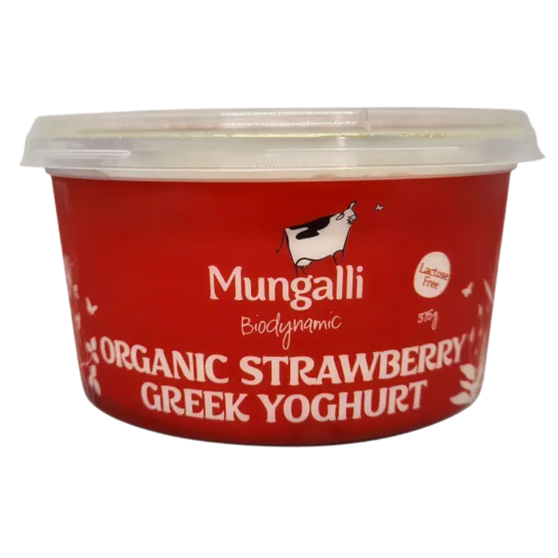 Organic Yoghurt – Lact-Free Greek Strawberry 375g (Mungalli Creek)