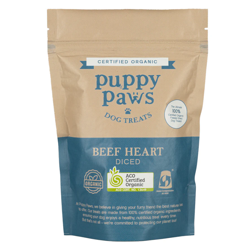 Organic Dog Treats – Diced Beef Heart 100g (Puppy Paws)